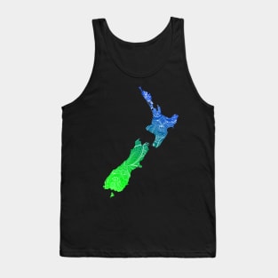 Colorful mandala art map of New Zealand with text in blue and green Tank Top